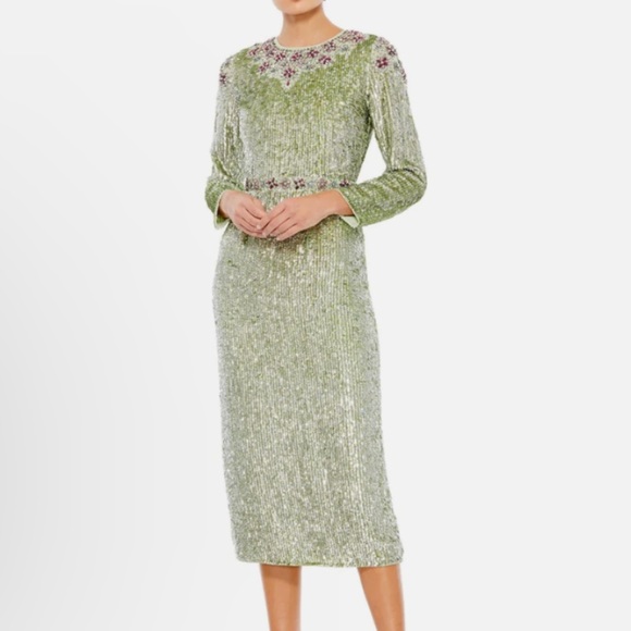 MAC DUGGAL 93568 FLORAL BEADED TEA LENGTH SAGE MIDI DRESS 6 - Picture 1 of 12